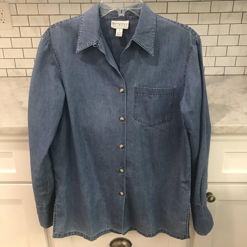 Talbots Collection Denim Shirt‎ Womens 4 Blue Button Front Long Sleeve Pocket